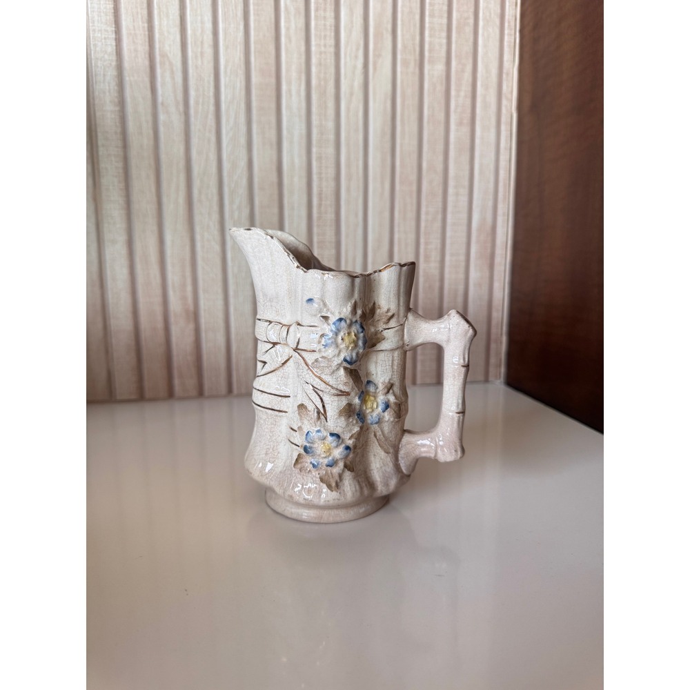 Vintage‎ cottage pitcher, floral relief pottery, rustic French country creamer